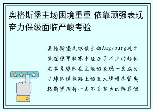 奥格斯堡主场困境重重 依靠顽强表现奋力保级面临严峻考验