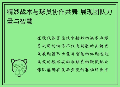 精妙战术与球员协作共舞 展现团队力量与智慧 精妙战术与球员协作共舞 展现团队力量与智慧