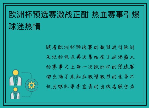 欧洲杯预选赛激战正酣 热血赛事引爆球迷热情 欧洲杯预选赛激战正酣 热血赛事引爆球迷热情