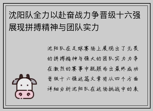 沈阳队全力以赴奋战力争晋级十六强展现拼搏精神与团队实力 沈阳队全力以赴奋战力争晋级十六强展现拼搏精神与团队实力